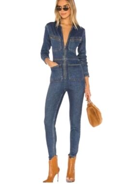 Free People Denim Zip-Front Jumpsuit in Dark Blue